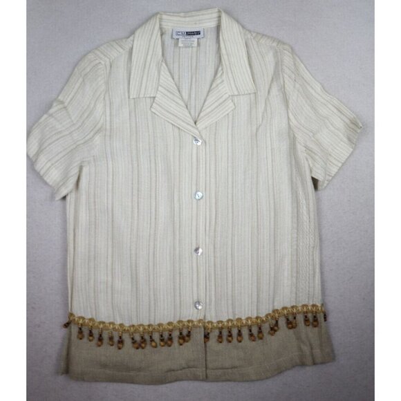 WOMEN'S BEIGE STRIPED SHORT SLEEVE BUTTON-UP TOP - CM SHAPES - BEADED FRINGE PM - Picture 3 of 10